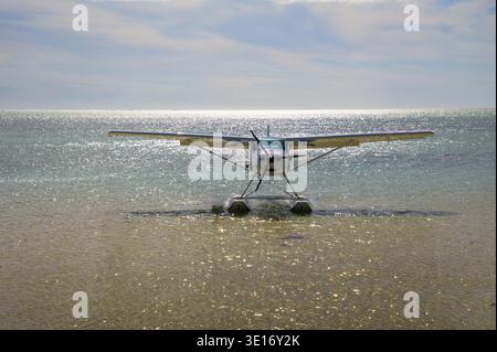 Single-Engine Seaplane on Calm Sea off Beach in Mauritius, Africa Stock Photo