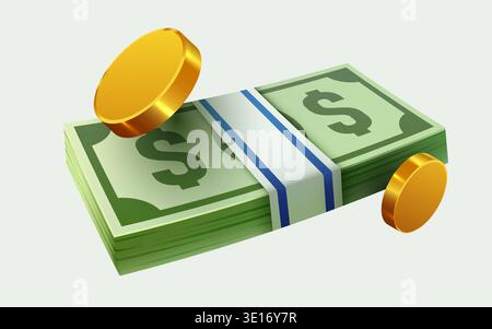 A vibrant stack of dollar bills with golden coins, symbolizing wealth and success in a clean vector style. Vector illustration. Stock Vector
