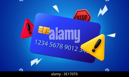 Credit card payment error with warning and stop signs, illustrating financial security issues. Vector illustration. Stock Vector