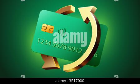 Cashback and money transfer concept with a modern green credit card and golden circular arrow. Vector illustration. Stock Vector