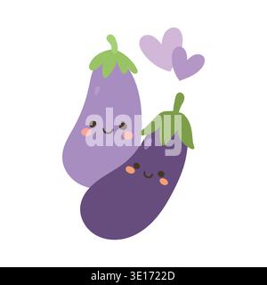 Cute eggplant cartoon pair with smiling faces and hearts, purple vegetable illustration representing vegan cooking, organic gardening and playful Stock Vector