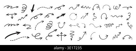 Hand drawn arrow collection with curves, loops and dashed paths, doodle navigation symbols showing direction, movement and flow, useful for Stock Vector