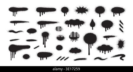 Graffiti spray paint splatter set with drips and stains, urban street art stencil collection of black aerosol marks, grunge texture elements for Stock Vector