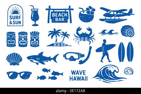 Tropical beach icon set with surf wave, palm island, cocktail, tiki mask, seaplane, shark and surfer, Hawaii travel symbols for summer tourism Stock Vector