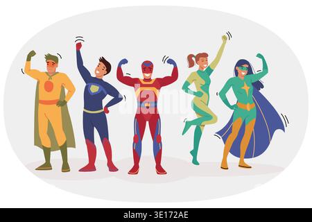 Team of superheroes raise hands in air, celebrating victory over villain thanks to collaboration Stock Vector