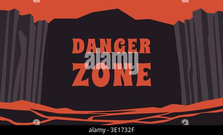 Warning banner with danger zone text over a dark rocky scene with red hazard accents Stock Vector
