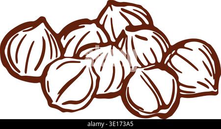 Brown sketch illustration of a cluster of hazelnuts with textured shells Stock Vector