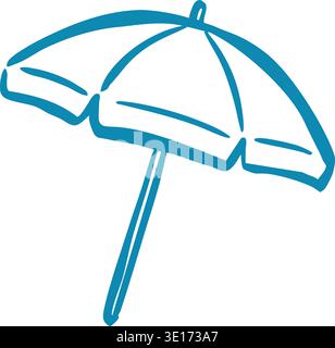 Blue line drawing of a beach umbrella with curved canopy and central pole Stock Vector