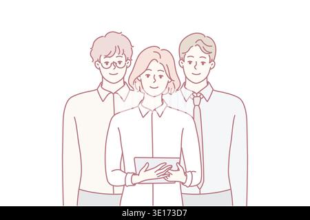 Team young professionals from woman with tablet and two men in business clothes look at screen. Office workers from large company or managers of small startup stand nearby. Flat vector design Stock Vector