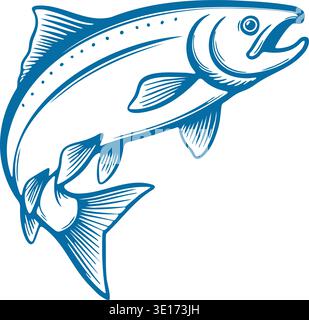 Blue line art illustration of a fish jumping with fins spread and open mouth Stock Vector