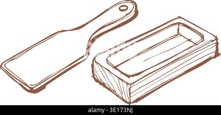 Illustration of a knife and cutting board with a rectangular tray in simple line style Stock Vector