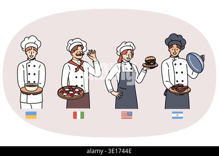 Group chefs from different countries demonstrate delicious national dishes, standing near flags. Chefs from Italy and Argentina or US and Ukraine participate in international professional competitions Stock Vector