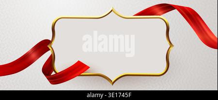 Elegant gold frame and red ribbon background, perfect for a certificate, invitation, or greeting card design. Vector illustration Stock Vector