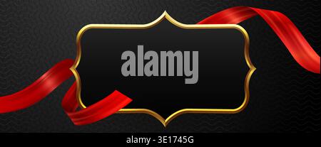 Luxury black and gold frame with red ribbon. Elegant background for certificates, invitations, or premium promotions. Vector illustration Stock Vector