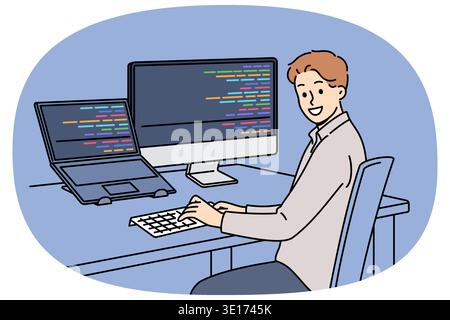 Man programmer types code and looks at camera, sitting at table with computer and laptop. Successful guy programmer develops software or application, working in team with UI or UX designers Stock Vector