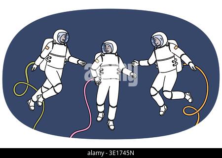 Group of astronauts participating in space research mission floats in zero gravity, dressed in spacesuits. Teamwork of astronauts going on scientific expedition in orbit of planet or in galaxy Stock Vector