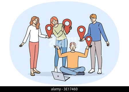 Team of students uses online communication on network, standing near laptop and holding red geotags in hands. Online communication technology for educational or professional purposes Stock Vector