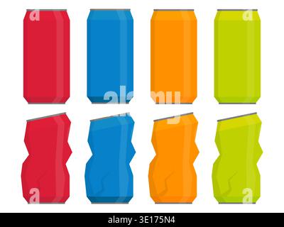 Set of crushed and new soda cans isolated on white background Stock Vector