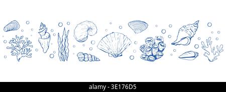 Blue seashells and starfish set sketch hand drawn seamless border coastal horizontal pattern. Summer vacation design elements for trendy prints, . Vector illustration Stock Vector
