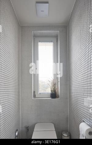 Narrow tiled bathroom with window and soft daylight. Stock Photo