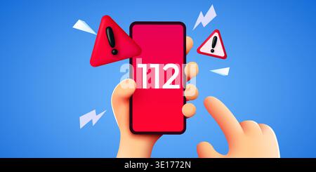 Call for help Cartoon hand holding a smartphone with emergency number 112 and warning signs. Vector illustration Stock Vector