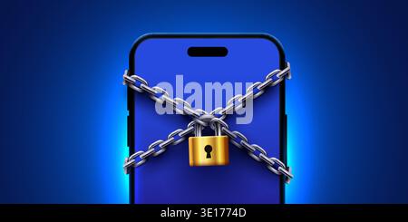 Mobile phone locked with chains and a padlock, symbolizing digital security and data protection. Vector illustration Stock Vector
