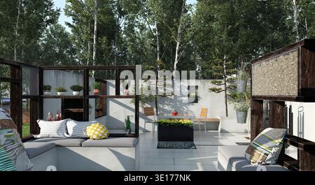 A 3D rendering of a modern outdoor patio. The terrace features a gray sofa with pillows, wooden shelving with plants, and a dining area. Stock Photo