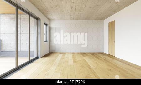 A 3D rendering of a bright, empty room featuring a wood floor, concrete ceiling, white hexagonal wall tiles, and large sliding glass doors. Stock Photo