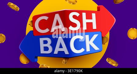 Vibrant 3D Cash Back sign with golden coins, featuring red and blue arrows on a yellow and purple background. Vector illustration Stock Vector