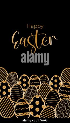 Happy easter card with golden egg border on black background and elegant luxury pattern for greeting and celebration. Vector illustration template for Stock Vector