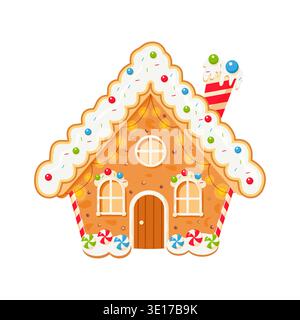 Christmas gingerbread house with candies and icing - cute festive cartoon vector illustration. Stock Vector