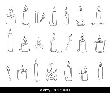 Minimal candle icon set drawn in continuous line style. Collection of candle flame match lighter and aroma lamp elements in simple hand drawn outline. Stock Vector