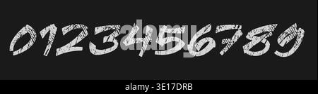 Number Hand Drawn Sketch Paint Brush with Rough Scratch Texture Written Script, Handwritten Numbers T-Shirt Typographic Design in Chalk Dirty Style on Stock Vector