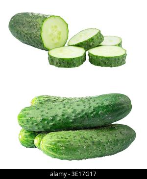 Set of fresh green cucumbers, whole and sliced, isolated on white background. File contains clipping path. Stock Photo