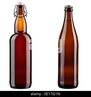 Two brown glass beer bottles with swing top and crown cap isolated on white background. File contains clipping path. Stock Photo