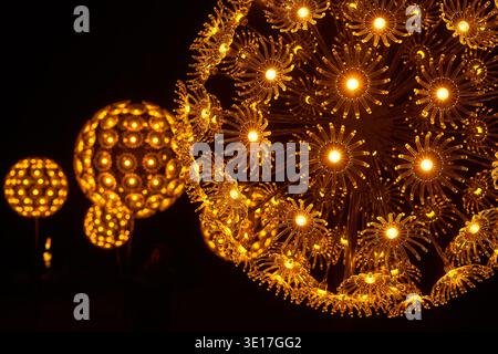 Close-up view of illuminated spherical light fixtures resembling dandelions or fireworks, composed of numerous golden LED fiber optic strands... Stock Photo