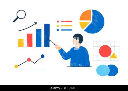 An educated person analyzing data with bar charts, pie charts, and graphs, symbolizing data analysis, analytics, and intelligence in an abstract style Stock Photo