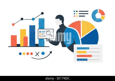 Illustrated concept of data analysis and intelligence with a figure analyzing bar charts and pie charts, reflecting modern business insights and strat Stock Photo