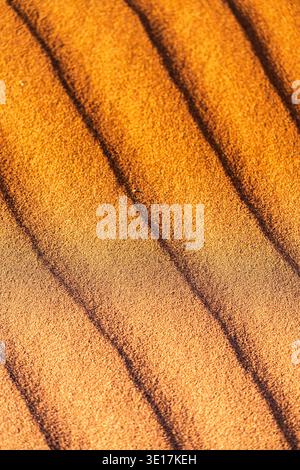 A captivating close-up of sand with repetitive, wavy lines creates an abstract pattern, highlighting the interplay of light and shadow on the textured Stock Photo