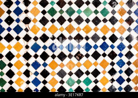 Colorful vintage handmade ceramic tiles from Marrakech, Morocco, showcasing intricate geometric patterns and rich cultural heritage. Perfect for desig Stock Photo