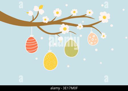 Illustrated hanging Easter eggs on a blossoming branch capture the essence of spring. The soft pastel colors and delicate flowers create a serene and Stock Photo