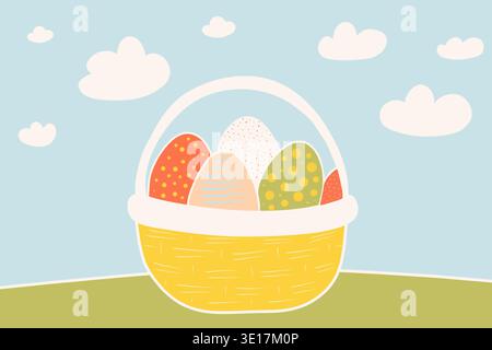 Vibrant illustration of Easter eggs in a decorative basket, set against a serene backdrop of a clear blue sky with fluffy clouds, capturing the essenc Stock Photo