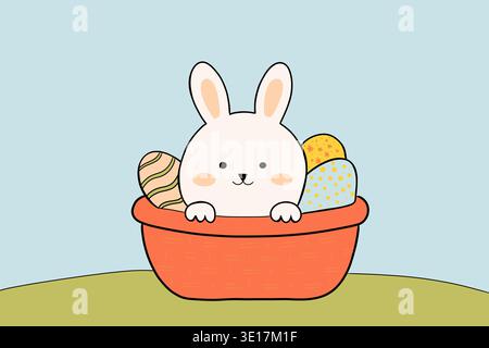 A cheerful cartoon bunny sits in a basket surrounded by colorful Easter eggs, set against a soft pastel background. This delightful illustration captu Stock Photo