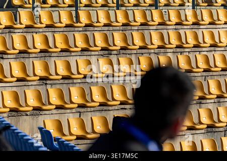 Rows of empty yellow stadium chairs bask in sunlight, casting shadows and creating a pattern of repetition. A blurred figure stands in the foreground, Stock Photo