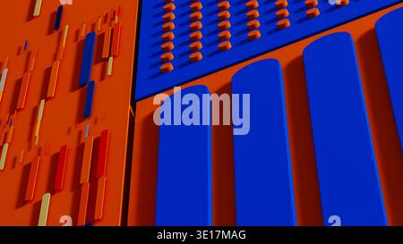 Geometric shapes fill the background with bright colors. This design shows lines, blocks, and patterns in a unique arrangement. Stock Photo