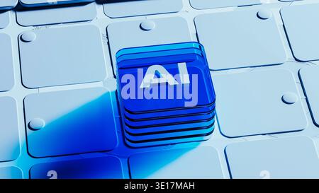The scene shows blue glass blocks arranged in a design with the letters AI. This represents artificial intelligence technology and innovation. Stock Photo