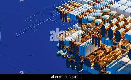 This visual presents a 3D design featuring circuit technology shapes in blue. Stock Photo