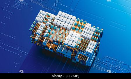 This visual presents a 3D design featuring circuit technology shapes in blue. Stock Photo