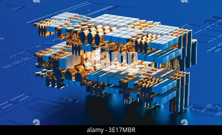 This visual presents a 3D design featuring circuit technology shapes in blue. Stock Photo