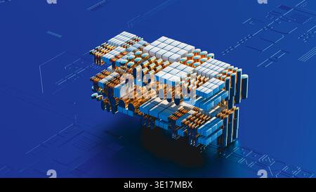 This visual presents a 3D design featuring circuit technology shapes in blue. Stock Photo
